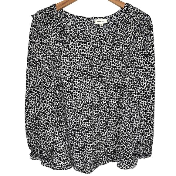Max Studio Black White Floral Crepe Peasant Ruffle Long Sleeve Top Size Small - Picture 1 of 12